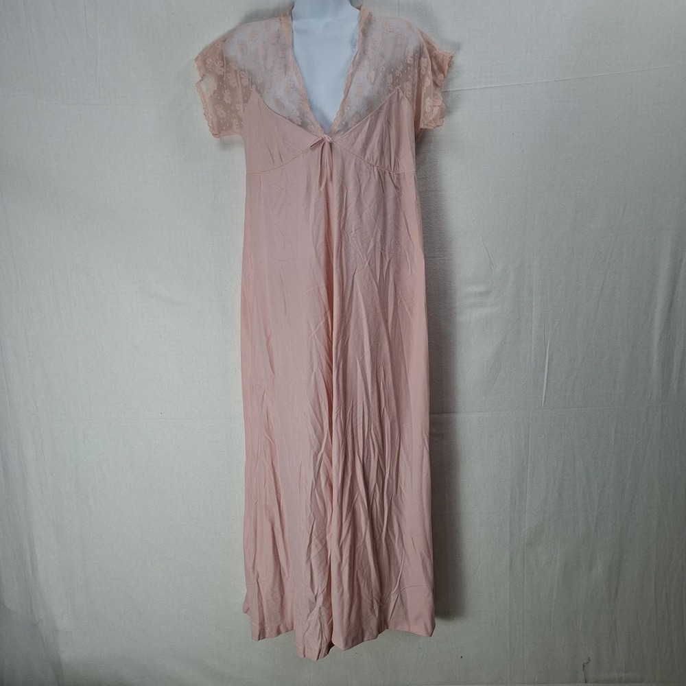 Vintage Nylon Nightgown Size Small Baby Pink Maxi Lace Back Flowy Cottage Flirt